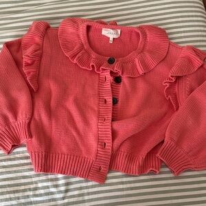 THE GREAT Coral Pink Ruffle-Trim Cropped Cardigan